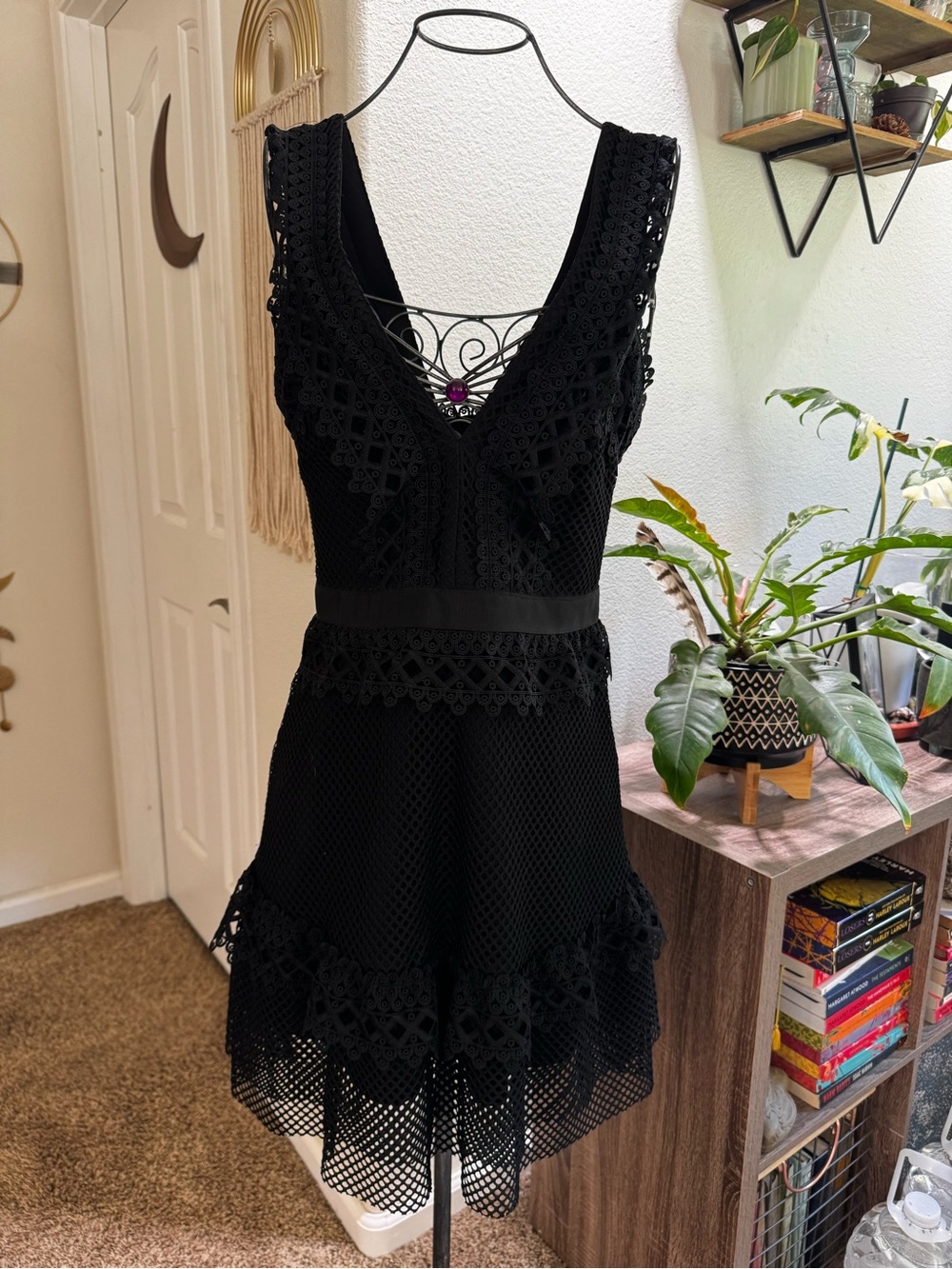Shilla Little Black Lace-Trim Dress with V-Neck